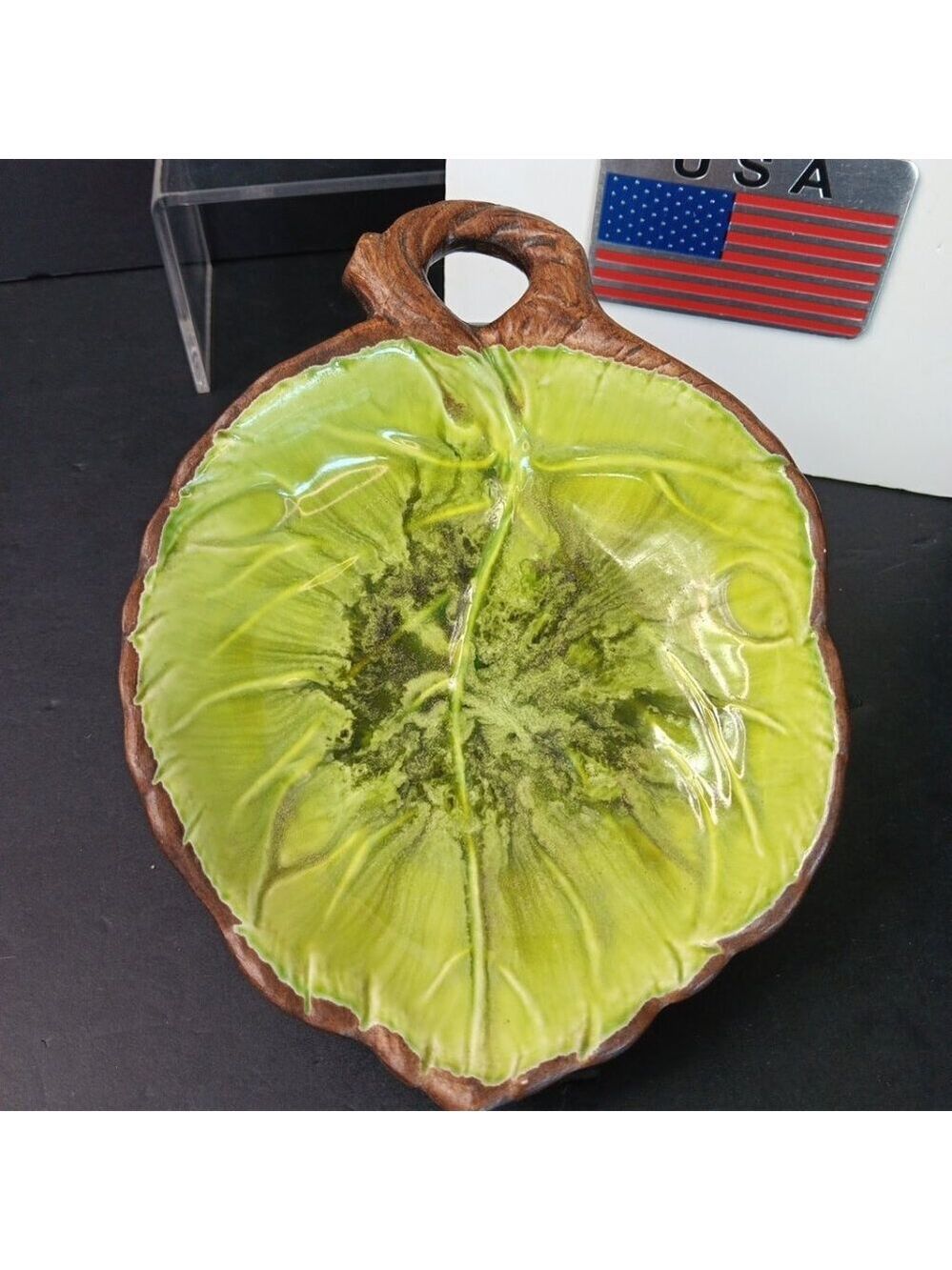 VTG Treasure Craft Green Leaf and Faux Wood Candy Trinket Dish Bowl MCM 7.5"